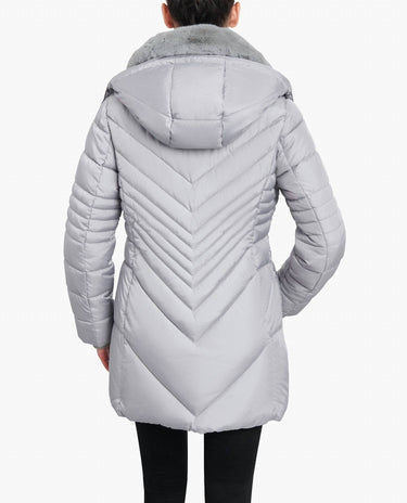 London Fog - Zip-front Hooded Puffer Jacket With Button-off Fur Collar