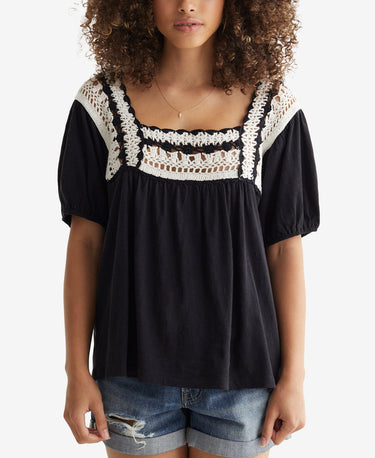 Lucky Brand Women's Crochet Square Neck Cotton Knit Top Black Size Small