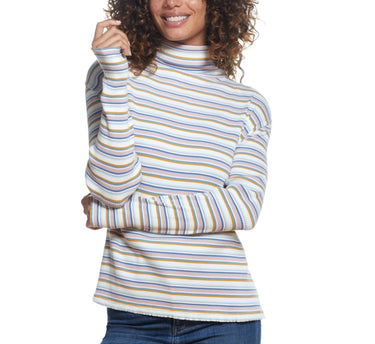 Weatherproof Vintage Women's Yarn Dye Stripe Rib Turtle Neck Top White Size Small