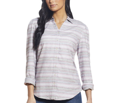 Weatherproof Vintage Women's Long Sleeve Brushed Flannel Woven Top Beige Size Large