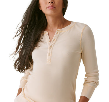 Bass Outdoor Women's Warm Button Front Waffle Knit Henley Top Brown Size X-Small