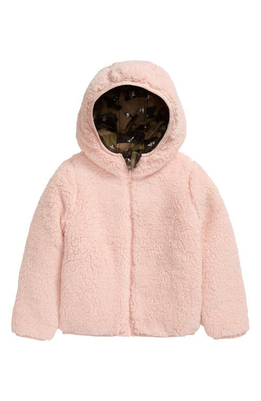 Tucker + Tate Kids' Reversible Faux Shearling Hooded Jacket in Pink English- Camo Stars  Size 8