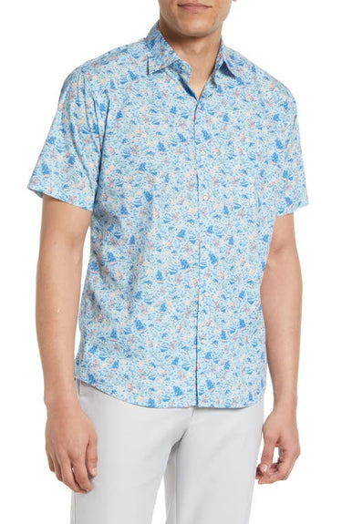 Peter Millar Shipfaced Short Sleeve Stretch Cotton Button-Up Shirt in Cottage Blue, Size Large