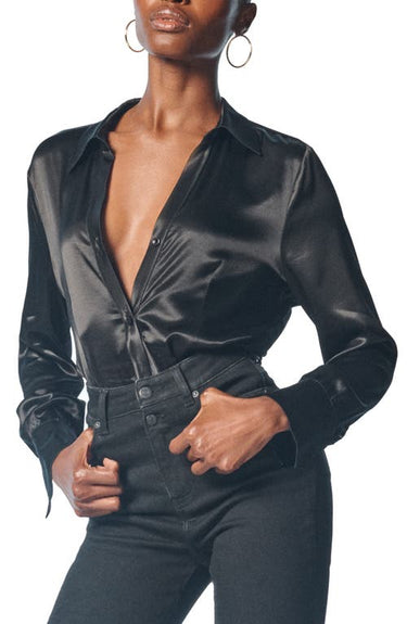 OWN Satin Button-Up Shirt in Black, Size 6
