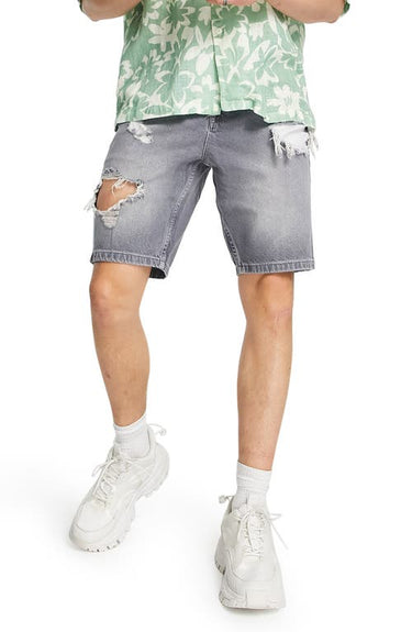 Distressed Slim Denim Shorts - Grey