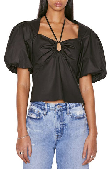 FRAME Strappy Puff Sleeve Stretch Organic Cotton Top in Noir  Size Large