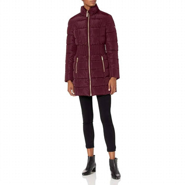 Laundry By Shelli Segal - 3/4 Puffer Zig Zag Cinched Waist Faux Fur Trim Hood Jacket