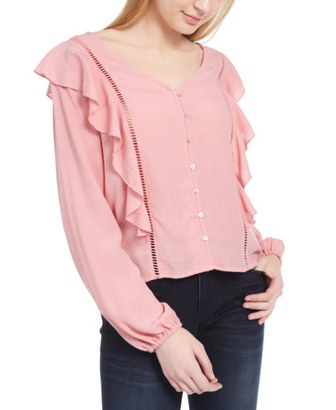 Planet Gold Juniors' Ruffle Jacquard Top Pink Size Large