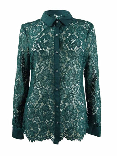 Charter Club Womens Teal Lace Solid Long Sleeve Collared Button Up Party Top Size S