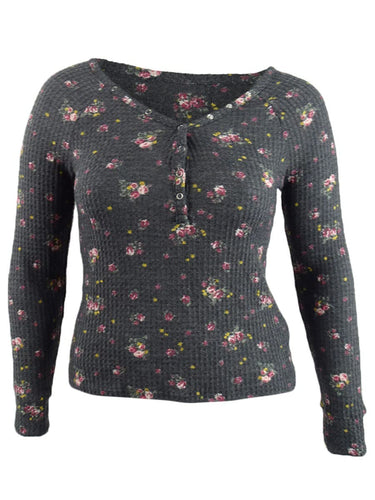 Ultra Flirt Junior Womens Floral Print Waffle Texture Henley Top Black Floral Size Large