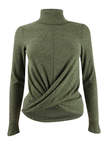 CRAVE FAME Juniors' Cozy Twist-Front Turtleneck Top Olive Small