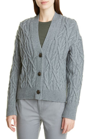 Vince Interlocking Cable Cardigan in Light Slate/Tide Pool, Size Medium