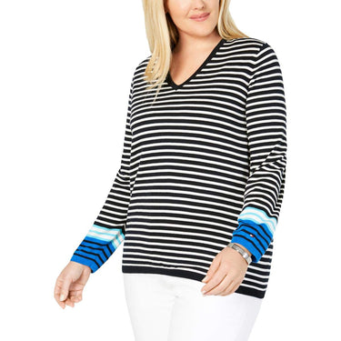 Tommy Hilfiger Womens Plus V Neck Striped Pullover Sweater Navy 0X