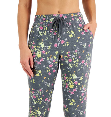 ID Ideology Women's Floral Print Pansy Slim Fit Drawstring Jogging Pants Gray Size Small