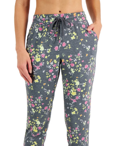 ID Ideology Women's Floral Print Pansy Slim Fit Drawstring Jogging Pants Gray Size X-Large