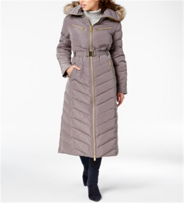 Michael Kors Women's Faux Fur Trim Belted Puffer Coat Gray Size X-Small
