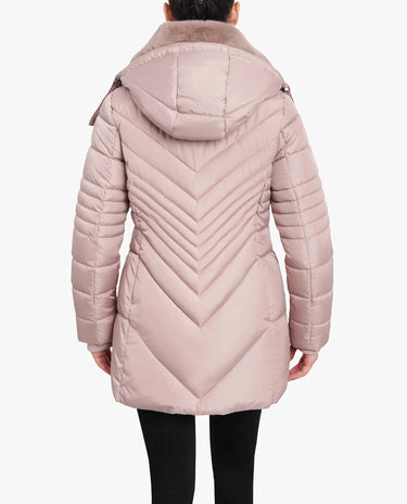 London Fog - Zip-front Hooded Puffer Jacket With Button-off Fur Collar