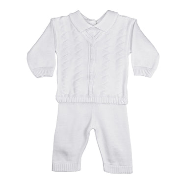 Little Things Mean A Lot Boys 100% Cotton Knit Two Piece White Christening Baptism Outfit - 3 Month