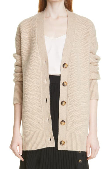La Ligne Basket Stitch Cashmere Cardigan in Tan, Size Large