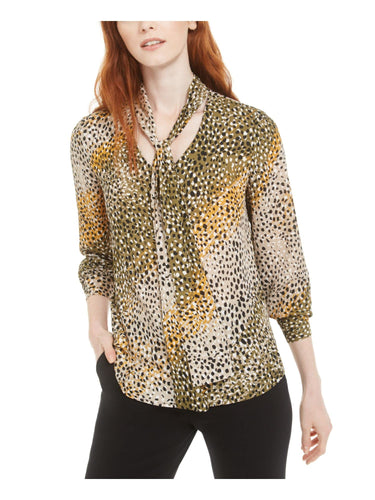 bar III Women's Printed Tie-Neck Top Dark Green Size Extra Small