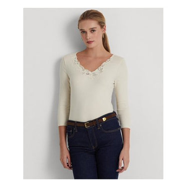 RALPH LAUREN Womens Beige Embroidered Lace V-neck 3/4 Sleeve V Neck T-Shirt S