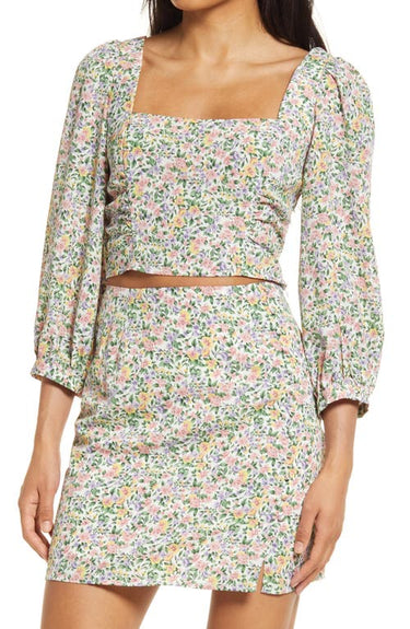 Lulus Even Sweeter Floral Square Neck Top in White Floral Print, Size Small