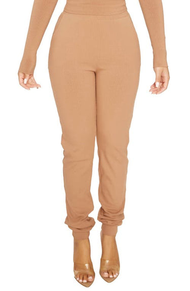Naked Wardrobe Snatched High Waist Ribbed Joggers in Coco, Size Medium
