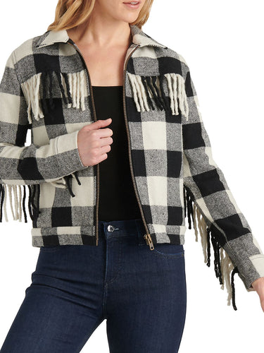 Lucky Brand Women's Buffalo-Plaid Fringe Jacket Black Size XL