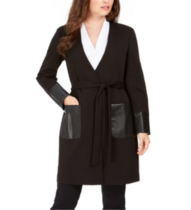 Calvin Klein Women's Faux Leather Trim Belted Cardigan Black Size 8