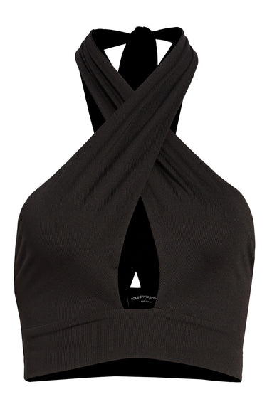 Naked Wardrobe Crossover Halter Crop Top in Black, Size Medium