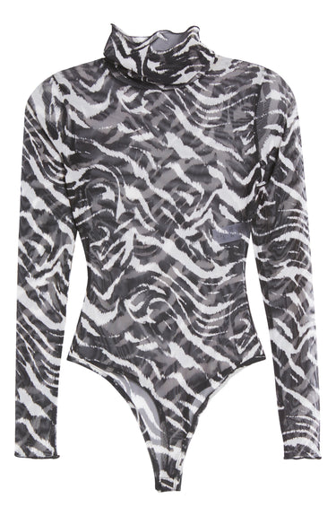 Naked Wardrobe Turtleneck Mesh Bodysuit in Zebra, Size Medium