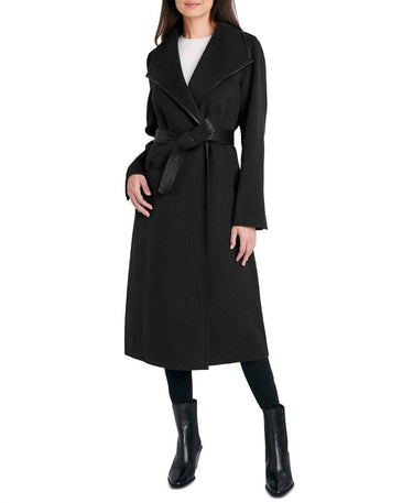 T Tahari - Juliette Double Face Faux Leather Trim Belted  Wool Coat Black