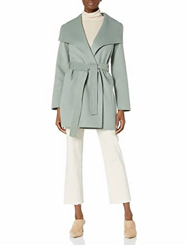 T Tahari - Women Tie Belt Wing Collar Wool Wrap Coat