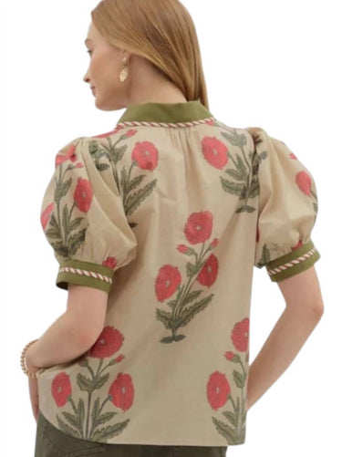 Entro - Floral Print Bubble Sleeve Top