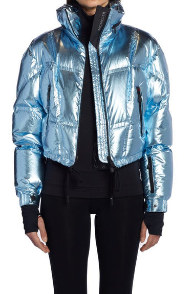 Moncler Grenoble Valsorey Metallic Down Bomber Jacket in Blue, Size 4