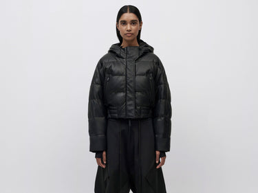 Cropped Leather Down Jacket - Black